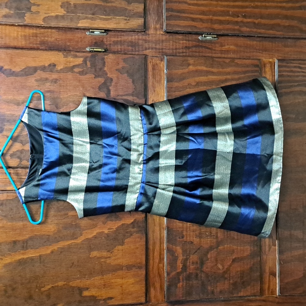 Amy Byer size 14 girl's dress blue, metallic gold, black stripes